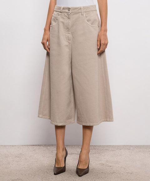 Brunello Cucinelli Pantalone Wide Cropped in Denim Tito con Monile