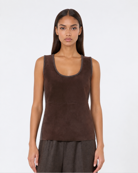 Max Mara Sfilata Top in Lana e Cachemire con Pelle Scamosciata - Cacha Scuro