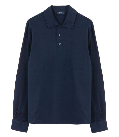 Polo manica lunga in jersey stretch blu navy